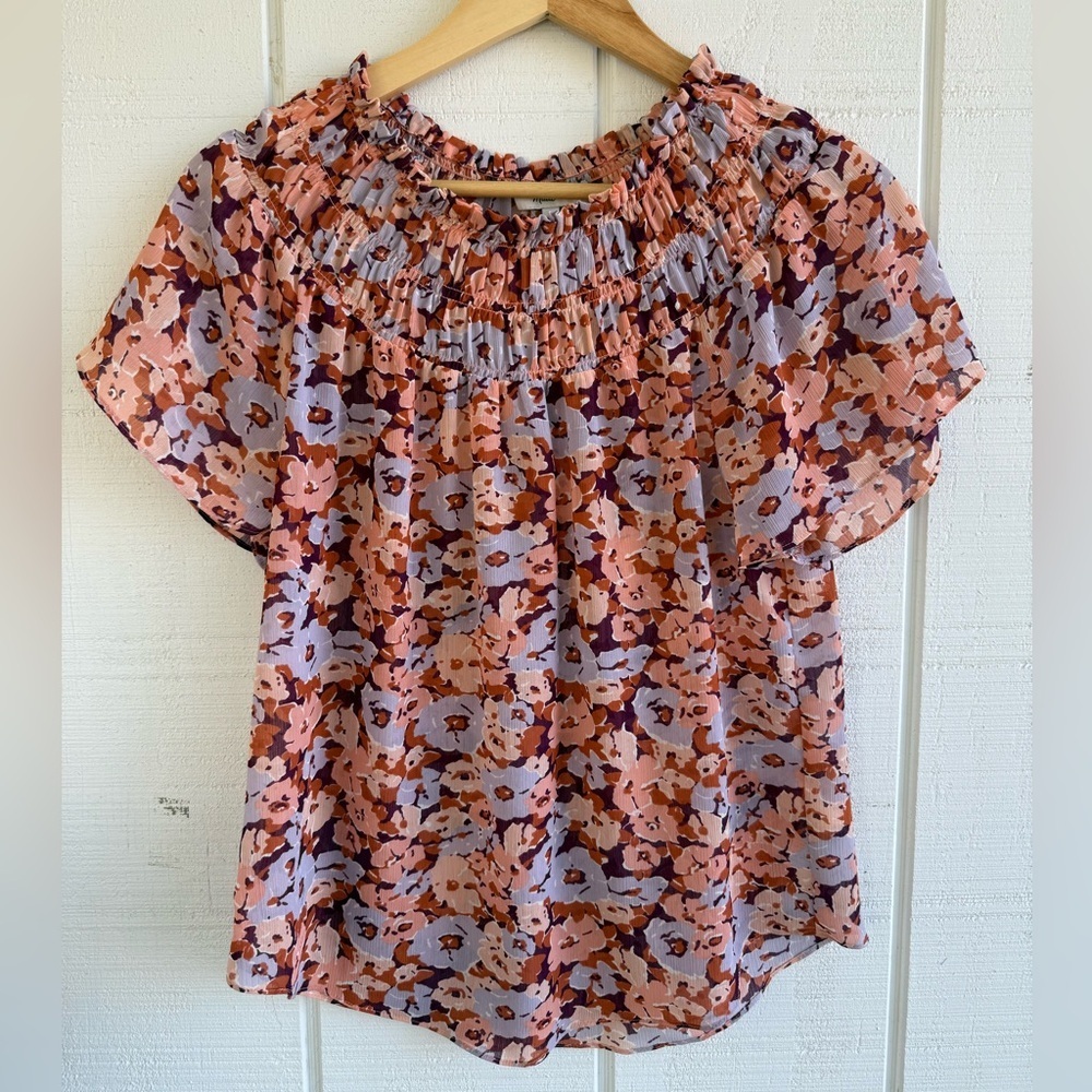 Madewell Smocked Mock Neck Floral Sheer Blouse Size Small - Picture 2 of 4